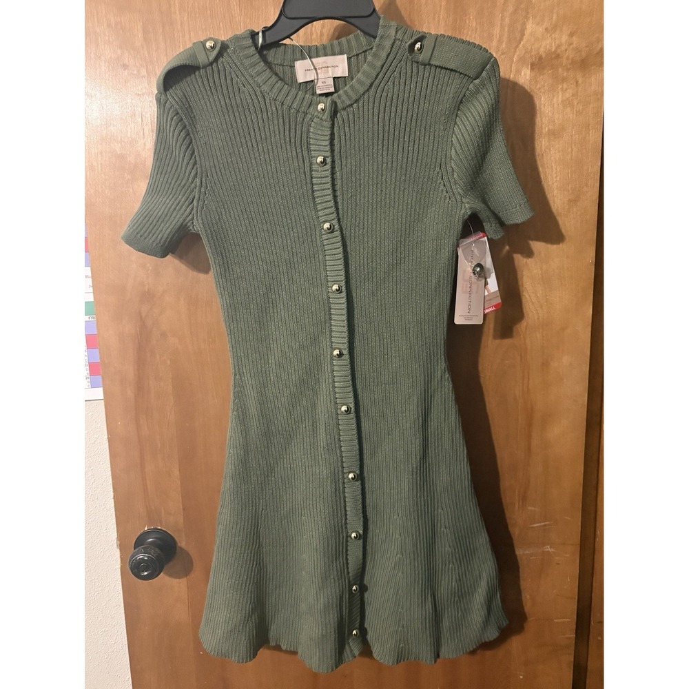 French Connection Olive Green Ribbed Button Front Sweater Dress XS 7201